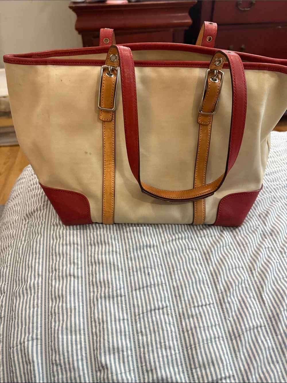 Coach Cream Canvas Tote with Red Trim and Tan Leather Straps